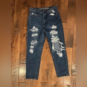 Gogo Jeans Dark Blue Distressed Ripped Mom Jeans